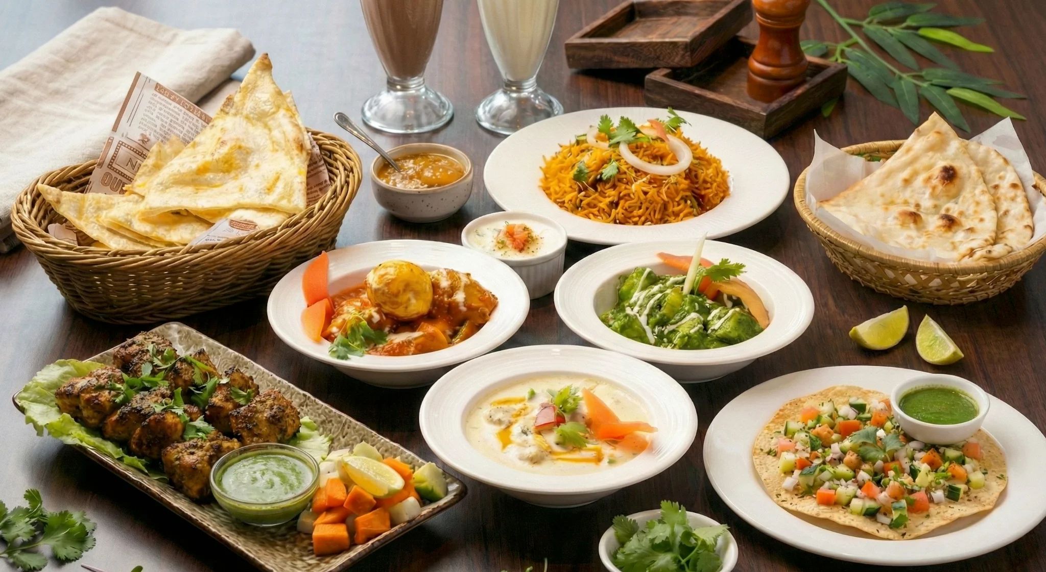 坦都里烤肉拼盤，搭配烤餅、香飯與菠菜起司